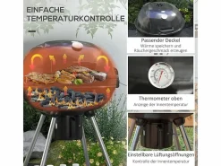 Barbacoa de carbón, con parrilla, ruedas, estante, cenicero y termómetro integrado, metal (65x55x89 cm) Negro Clearance