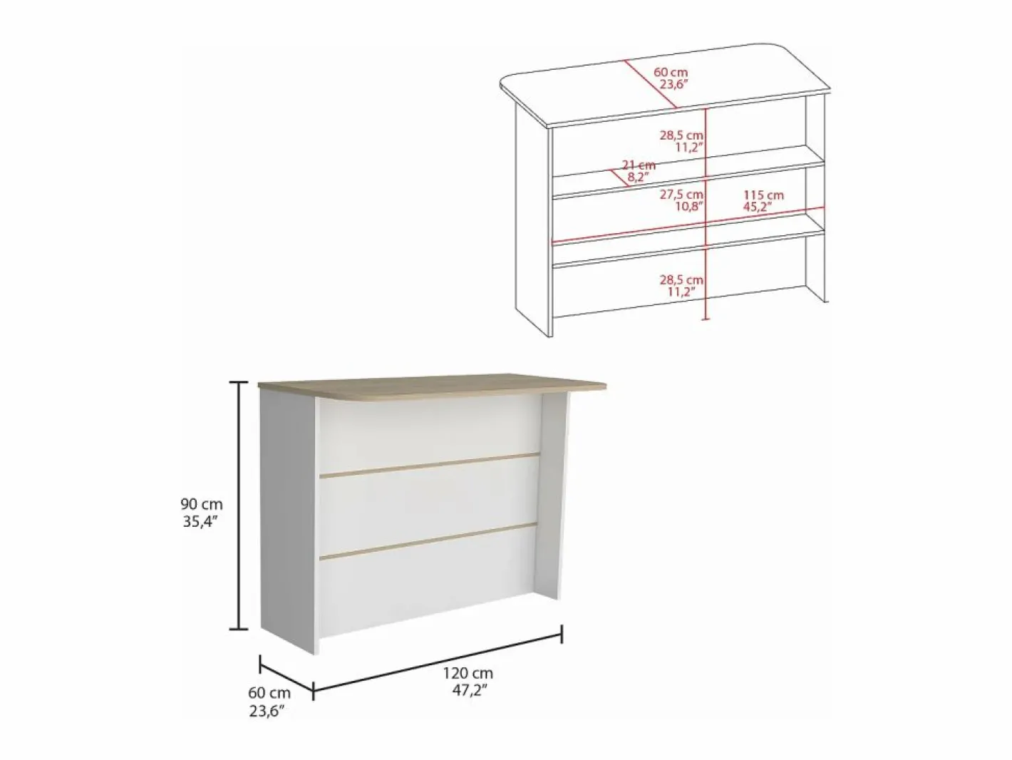 TuHome Isla Cocina|Barra de Cocina Fendi en melamina con tres estantes , 90 X 120 X 60 cm , Blanco / Miel
