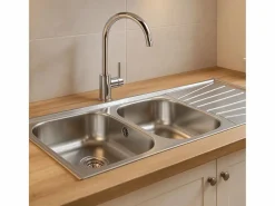 Essebagno Fregadero|Basico Fregadero de 2 cubetas y 1 escurridor de acero inoxidable con tela microestructurada Teka