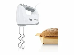 BOSCH Batidora de mano de 450 W y 5 velocidades con varillas y 2 ganchos para amasar de acero inoxidable - Bol graduado con tapa - Bla Blanco Outlet