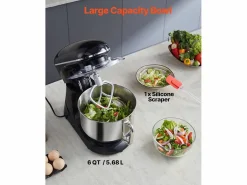 Pequeño Electrodoméstico|Batidora de Pie SucceBuy, Batidora Eléctrica de 5.68L y 1400 W con Cuenco de Acero Inoxidable, Gancho, Batidor, Mezclador, Raspador, Negro