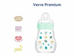 Biberón de vidrio MAM 170 ml con tetina de silicona SkinSoft flujo 1, cuello ancho, anti-fugas, 0-6 meses^