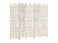 vidaxl Biombo 5 paneles tallado a mano madera mango 200x165 cm Blanco Hot