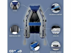 COASTO Bote inflable Slat 230 3 plazas - 230x130cm Carbon Latte Floor - 2 remos 1 bomba 1 bolsa de transporte - Azul Hot