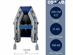 COASTO Deportes Náuticos|Bote neumático Slat 200 - 200x130 cm 2+1 personas - Suelo de carbono latte - 2 remos 1 bomba 1 bolsa de transporte - 200 x 131 cm