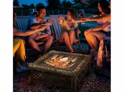 Barbacoa|Brasero cuadrado multifunción con parrilla, protector contra chispas y cubo de hielo, acero (76 x 76 x 47 cm)
