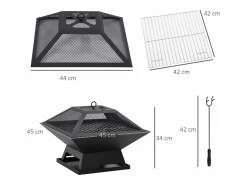 Brasero de jardín con rejilla para asar, protección contra chispas, acero, (45 x 45 x 34 cm) Negro New