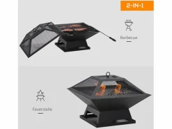 Brasero de jardín con rejilla para asar, protección contra chispas, acero, (45 x 45 x 34 cm) Negro New