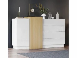 ModernLuxe Buffé brillante 140x35x81 cm - con 2 puertas - con 4 cajones - MDF - blanco Color natural claro / Blanco Clearance