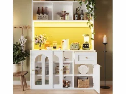 ModernLuxe Buffet de cocina 120×35×167 cm - con iluminación LED - 1 cajón y 5 puertas - estantes ajustables - Blanco New