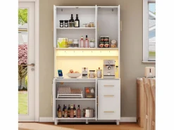 ModernLuxe Aparador De Cocina|Buffet de cocina 100×40×183 cm - con USB y enchufe - con LED - 5 puertas y 3 cajones - blanco+natural