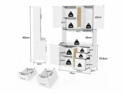 ModernLuxe Aparador De Cocina|Buffet de cocina 100×40×183 cm - con USB y enchufe - con LED - 5 puertas y 3 cajones - blanco+natural