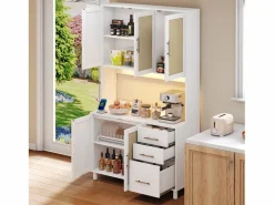 ModernLuxe Aparador De Cocina|Buffet de cocina 100×40×183 cm - con USB y enchufe - con LED - 5 puertas y 3 cajones - blanco+natural