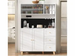 ModernLuxe Aparador De Cocina|Buffet de cocina moderno 120x40x184cm - con toma de corriente y portacopas de vino - con 3 cajones y 5 puertas -