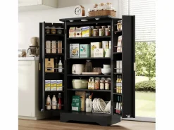ModernLuxe Buffet de cocina moderno 60,5x40x120cm - con luz detector LED - con 2 puertas y un portaespecias - Negro Best