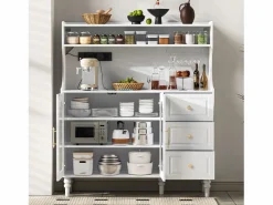 Buffet de cocina moderno 120x40x138.5cm - con toma de corriente y portacopas de vino - con 3 cajones y 2 puertas - Blanco^ModernLuxe New