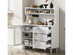 Buffet de cocina moderno 120x40x138.5cm - con toma de corriente y portacopas de vino - con 3 cajones y 2 puertas - Blanco^ModernLuxe New