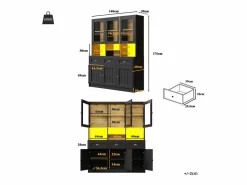 Buffet de cocina moderno 140x40x175cm - 6 puertas + 3 cajones + 9 estantes - mueble alto - con iluminación LED -^ModernLuxe New