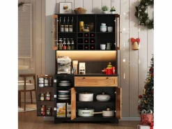 ModernLuxe Aparador De Cocina|Buffet de cocina moderno 100x40x180cm - con toma de corriente y LED - con 1 cajón y 5 puertas - con estante para especias - Natural