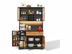 ModernLuxe Aparador De Cocina|Buffet de cocina moderno 100x40x180cm - con toma de corriente y LED - con 1 cajón y 5 puertas - con estante para especias - Natural