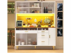ModernLuxe Buffet de cocina 145x39x171 cm - 4 puertas de vidrio - 4 cajones - casillero para vino - con iluminación LED - blanc Blanco Hot