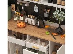 ModernLuxe Buffet de cocina 145x39x171 cm - 4 puertas de vidrio - 4 cajones - casillero para vino - con iluminación LED - blanc Blanco Hot