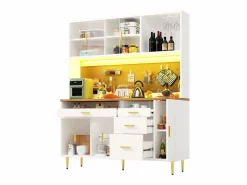 ModernLuxe Buffet de cocina 145x39x171 cm - 4 puertas de vidrio - 4 cajones - casillero para vino - con iluminación LED - blanc Blanco Hot