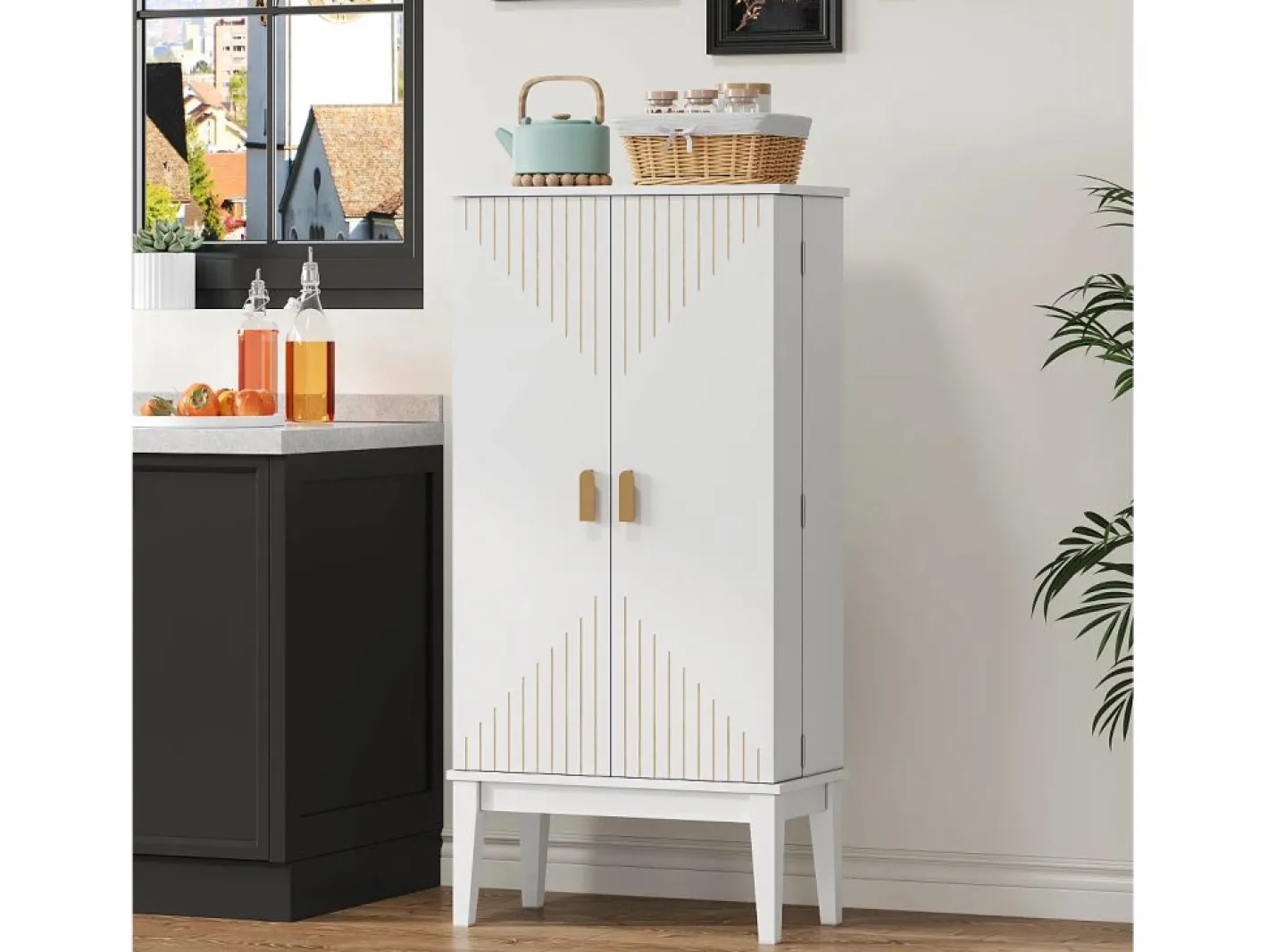 ModernLuxe Buffet de cocina 59x30x120cm - 2 puertas de almacenamiento con estantes - estilo retro - Blanco Outlet