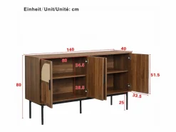 ModernLuxe Buffet moderno 140x40x80 cm - con 4 puertas - Acabado de ratán - Chapa de nogal - Marrón Marru00f3n Discount