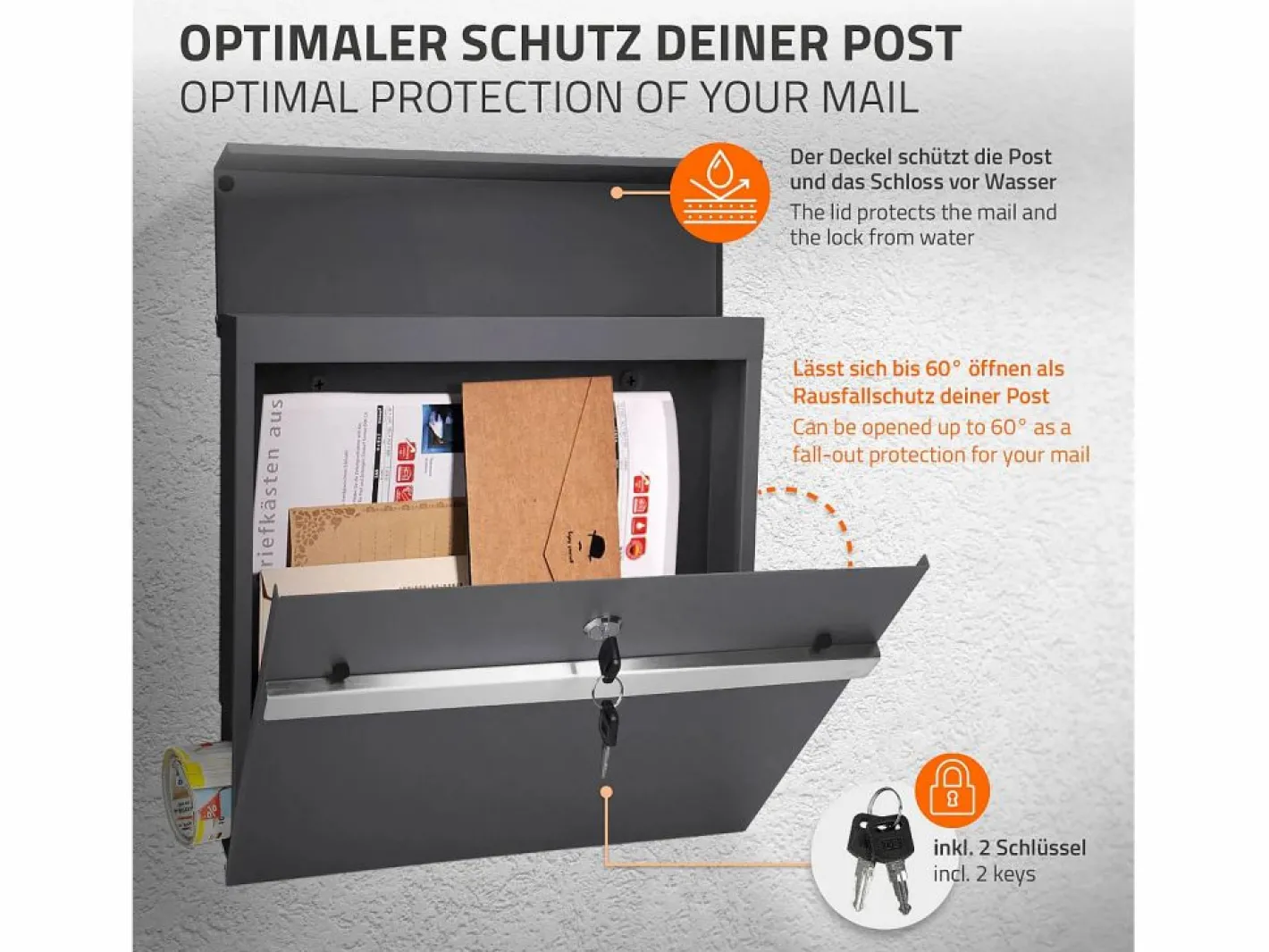 Buzón de correos acero casillero antracita con compartimiento de cartas 2 llaves^ECD Germany