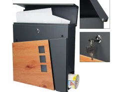 ML-DESIGN Buzón exterior con soporte 120cm y compartimento periódicos negro diseño madera Gris antracita Discount