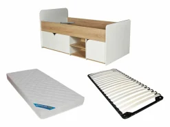 Vente-unique Cama Infantil|Cama 90 x 190 cm con almacenamiento en colores natural y blanco + somier + colchón - LOSTYA