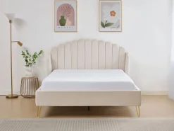 Vente-unique Cama 140 x 190 cm con cabecero ondulado de terciopelo + colchón - SAGALI Beige Hot