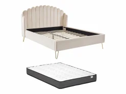 Vente-unique Cama 140 x 190 cm con cabecero ondulado de terciopelo + colchón - SAGALI Beige Hot