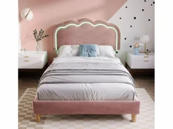 Merax Cama 90 x 190 cm con cabecero regulable - Terciopelo - LEDs - Rosa Discount