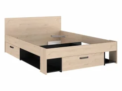 Vente-unique Cama Adulto|Cama 140 x 190/200 cm con cabecero en natural y negro + somier + colchón - KINSELIA