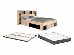 Vente-unique Cama Adulto|Cama 140 x 190/200 cm con cabecero en natural y negro + somier + colchón - KINSELIA