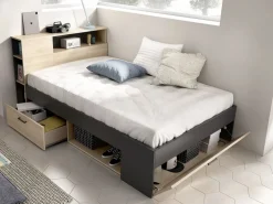 Vente-unique Cama Con Almacenaje|Cama Adulto|Cama 120 x 190 cm con cabecero con compartimentos en natural y antracita + somier - LEANDRE