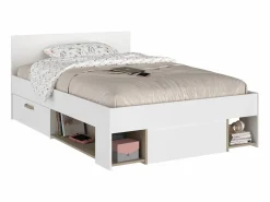Vente-unique Cama Con Almacenaje|Cama Infantil|Cama 120 x 190 cm con compartimentos color blanco y natural + somier + colchón - KINSELIA