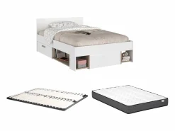 Vente-unique Cama Con Almacenaje|Cama Infantil|Cama 120 x 190 cm con compartimentos color blanco y natural + somier + colchón - KINSELIA