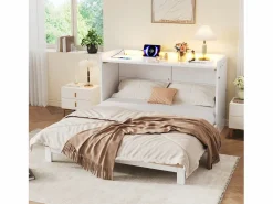 Merax Cama abatible - 140 x 200 cm - con cajón + USB + LED - tablero lacado alto brillo - MDF + aglomerado - Blanco Outlet