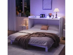 Merax Cama abatible - 140 x 200 cm - con cajón + USB + LED - tablero lacado alto brillo - MDF + aglomerado - Blanco Outlet