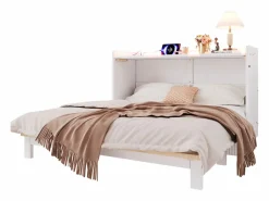 Merax Cama abatible - 140 x 200 cm - con cajón + USB + LED - tablero lacado alto brillo - MDF + aglomerado - Blanco Outlet
