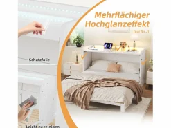 Merax Cama abatible - 140 x 200 cm - con cajón + USB + LED - tablero lacado alto brillo - MDF + aglomerado - Blanco Outlet