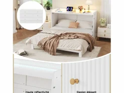 Merax Cama abatible - 140 x 200 cm - con cajón + USB + LED - tablero lacado alto brillo - MDF + aglomerado - Blanco Outlet