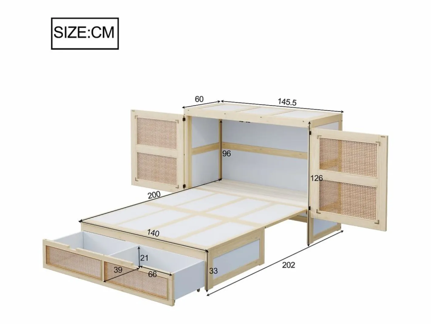 Cama abatible 140 x 200 cm - con 2 cajones - con somier de láminas - natural (colchón no incluido)^ModernLuxe Outlet