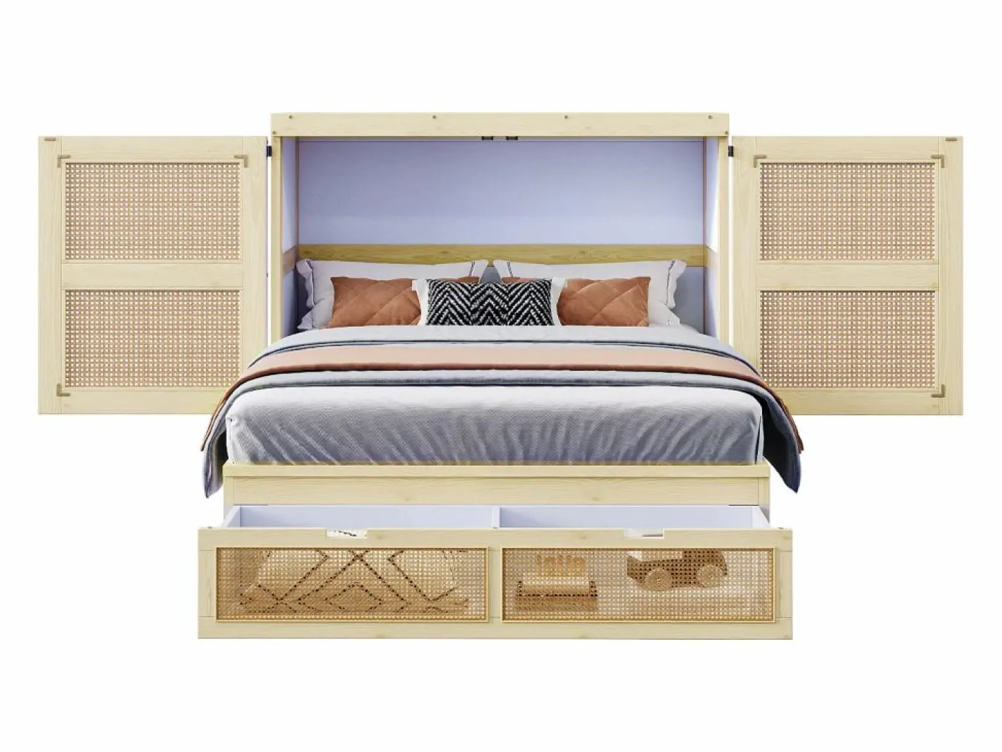 Cama abatible 140 x 200 cm - con 2 cajones - con somier de láminas - natural (colchón no incluido)^ModernLuxe Outlet