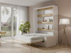 Vente-unique Cama Abatible|Cama abatible 140 x 190 cm apertura vertical leds blanco y natural + sofá - RAPILI
