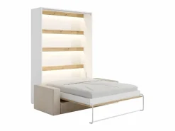 Vente-unique Cama Abatible|Cama abatible 140 x 190 cm apertura vertical leds blanco y natural + sofá - RAPILI