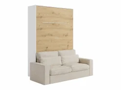 Vente-unique Cama Abatible|Cama abatible 140 x 190 cm apertura vertical leds blanco y natural + sofá - RAPILI